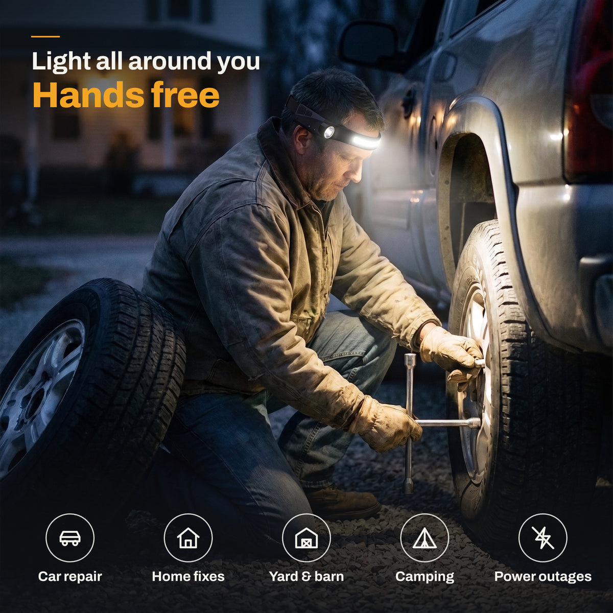 Man changing a truck tire at night with the HaloBeam headlamp lighting the wheel