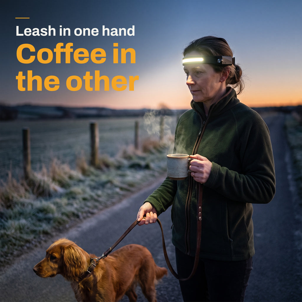 Woman walking her dog before dawn wearing the HaloBeam headlamp