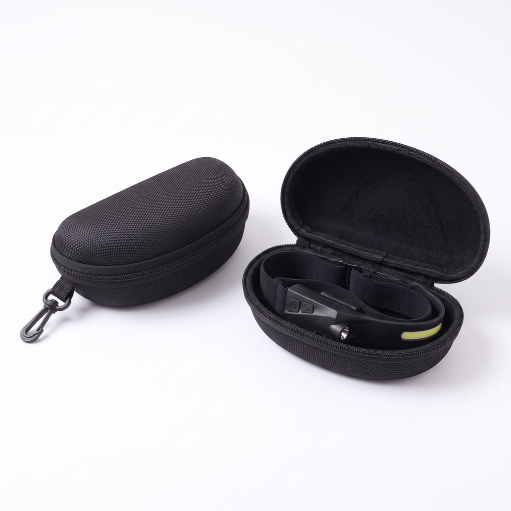 HaloBeam Storage Case closed and open with headlamp inside