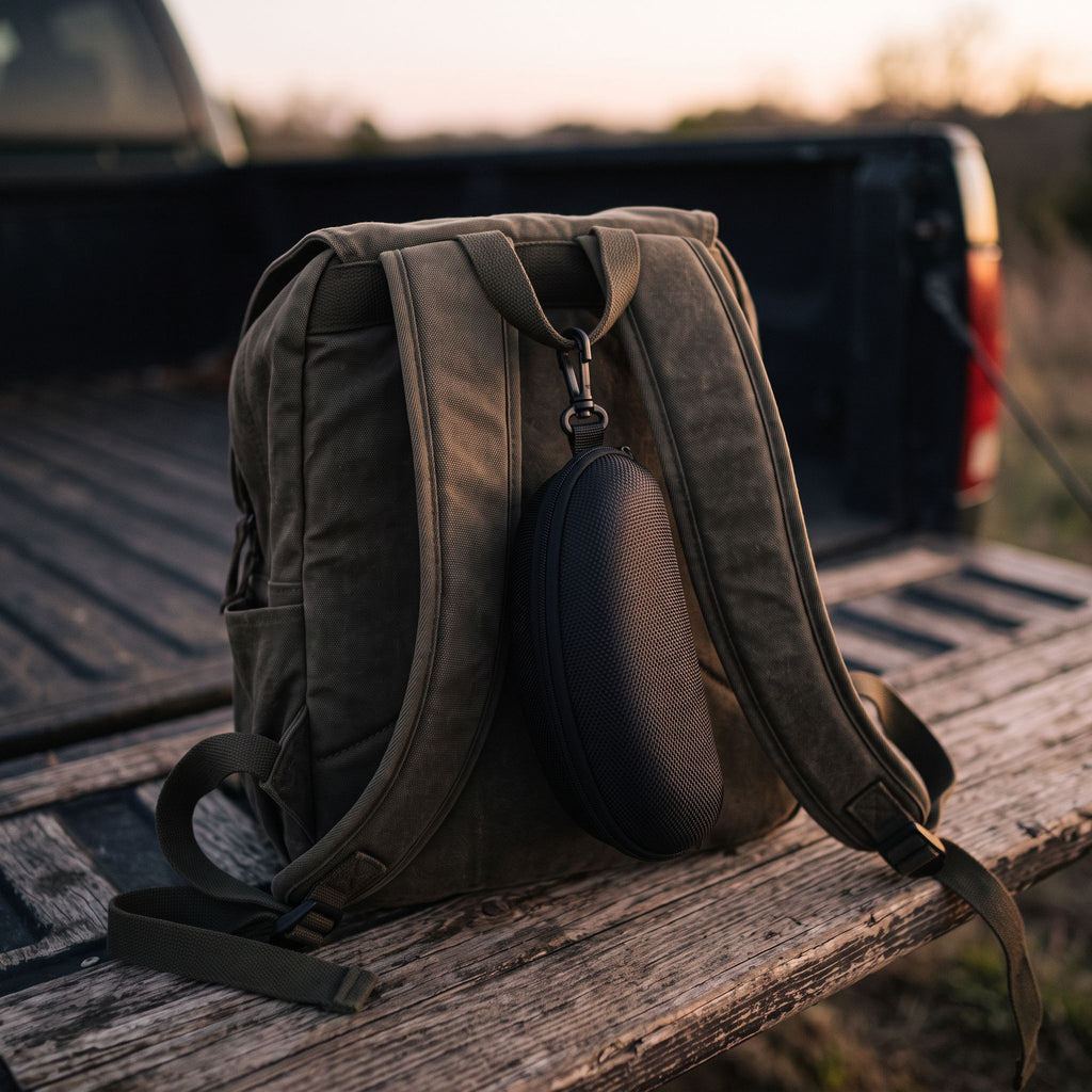 HaloBeam Storage Case clipped to a backpack strap
